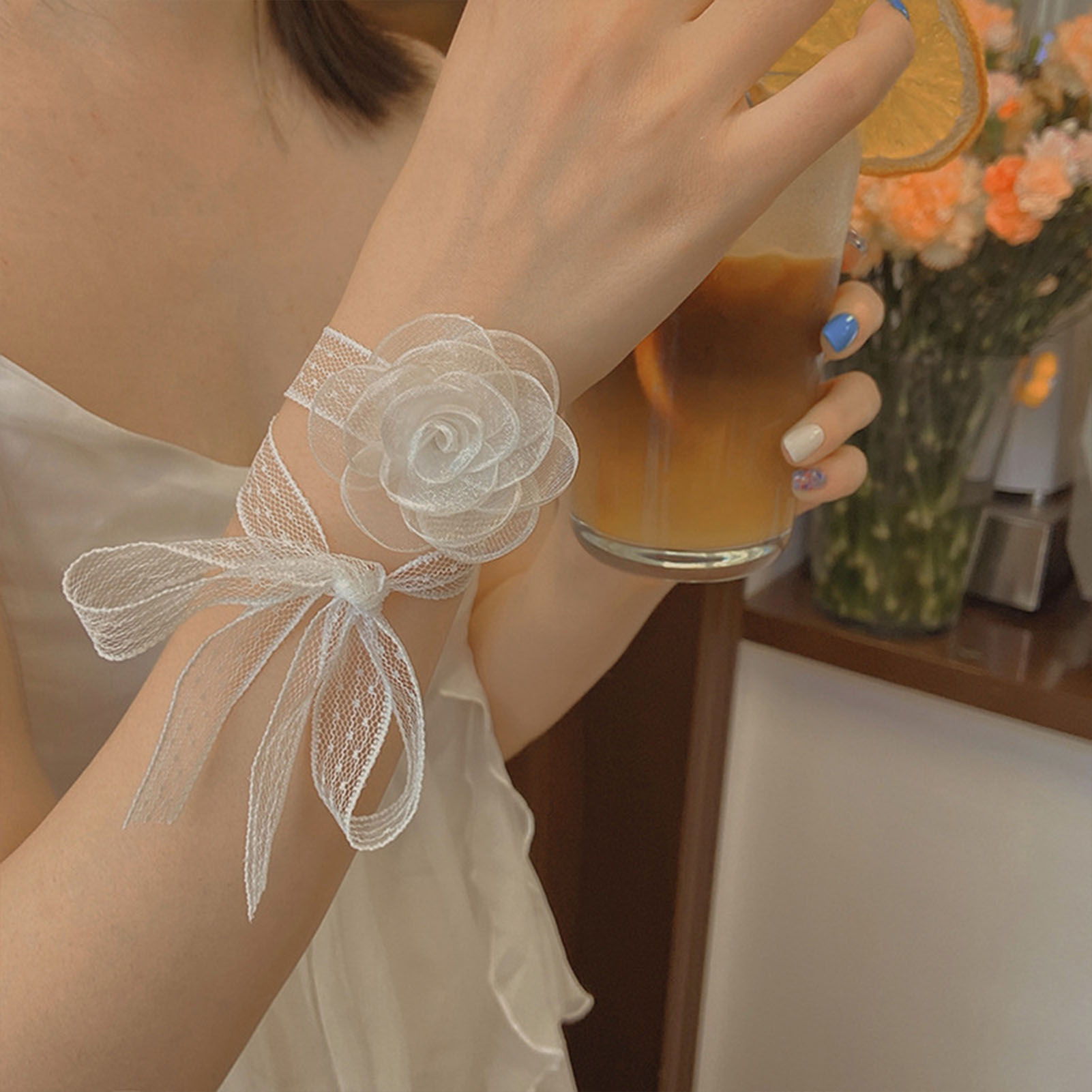 Lace Ribbon Trim - Dantel kurdeleli kafa bandı, gül dekorlu,