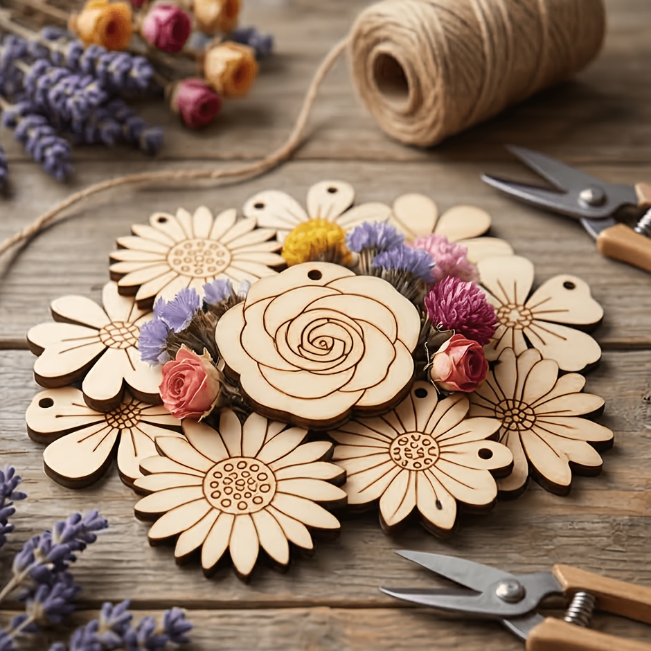 Easter Craft Embellishment Set - 50 adet/takım 35mm Karışık Çiçek Ahşap