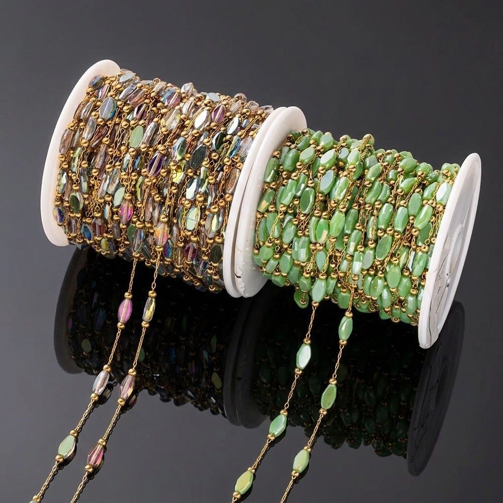 Pearl Trim Chain - 1 metre paslanmaz çelik altın boncuklu